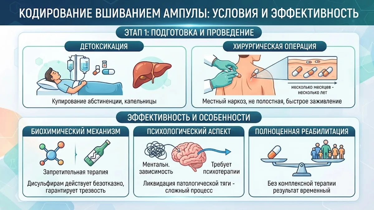 Инфографика: условия проведения и эффективность процедуры кодирования вшиванием ампулы от алкоголизма.